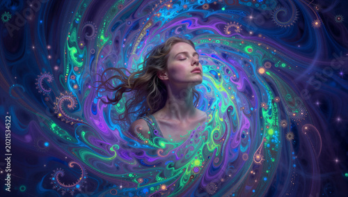 Woman floats in a swirling cosmic vortex. Her eyes are closed, serene and calm. Vibrant colors pulse like an aurora. The swirls dance around her with energy. Perfect for spiritual, dream