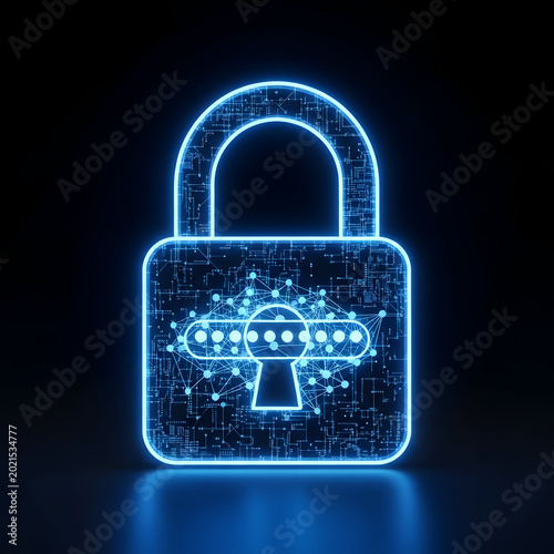 Digital padlock with glowing circuit board pattern and network connections representing cybersecurity and data protection