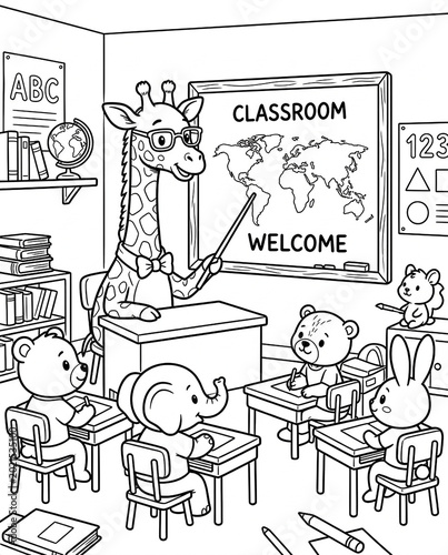 Smart giraffe teacher standing in a classroom with books and chalkboard, educational coloring page illustration