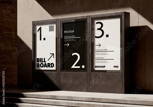 Three Vertical Poster Billboards on Building Facade Mockup