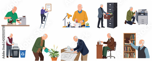 Foto Set of Flat Vector Illustrations of a Senior Man Performing Various Daily Activi