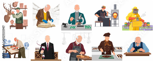 Schilderij op canvas Set of elderly men engaged in various specialized crafts and traditional profess