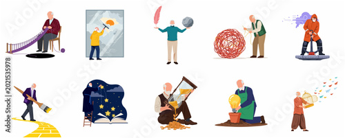 Foto Conceptual flat vector illustrations of a senior man in various metaphorical life situations, representing wisdom, time management, creativity, and finding balance