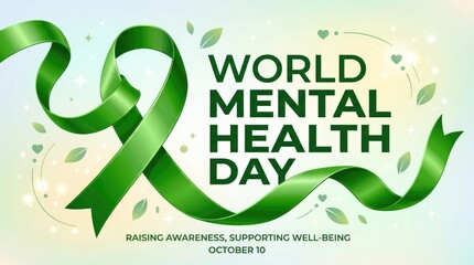World mental health day awareness ribbon leaves and support message