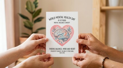 World mental health day hands holding illustration of brain and heart