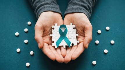World mental health day hands holding puzzle piece with teal ribbon