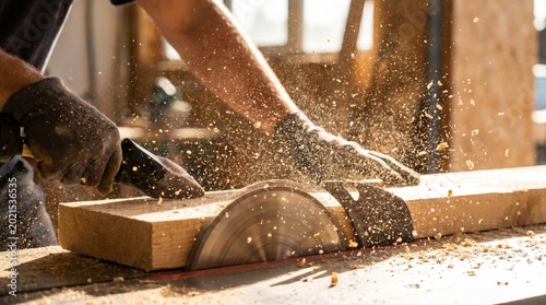 Sawdust particles flying cutting process