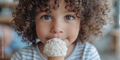 Satisfied kid has ice cream cone - eating a summer treat with creamy iced dessert for afternoon seasonal heat