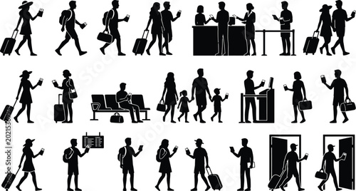 Foto Business travelers at airport check-in and waiting areas isolated on white backg