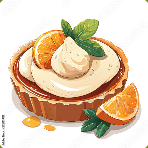Vector illustration of a slice of citrus tart, cheesecake with whipped cream and orange slices, isolated on a white background