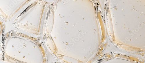 Transparent liquid gel bubbles texture. Cosmetic serum or collagen macro shot skincare product with hyaluronic acid. Beauty treatment golden background 3d rendering