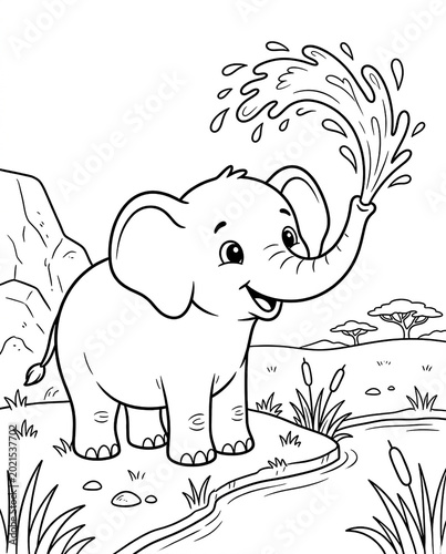 Adorable elephant spraying water with its trunk, simple black and white coloring page line art for kids