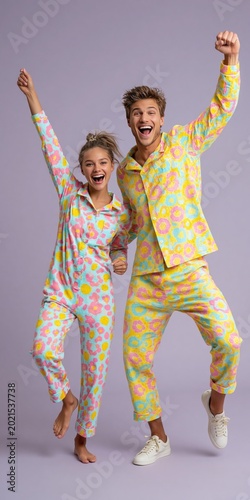 Couple in fun colorful pajamas dancing - happy couple in matching sleeping attire are having fun together as a duo