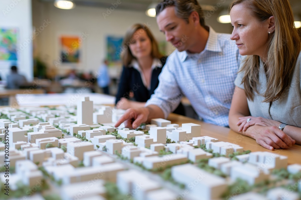 Fototapeta premium City planners and sociologist analyzing neighborhood scale model with green spaces