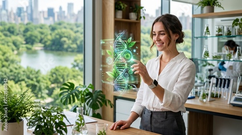 Female Scientist Interacting with Holographic DNA and Plants in Eco-Friendly Lab