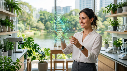 Female Scientist Interacting with Holographic DNA and Plants in Eco-Friendly Lab