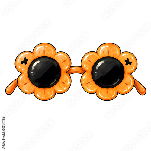 These flower-shaped sunglasses have orange frames and black lenses. They are perfect for summer events. The design shows a playful look that can brighten any outfit