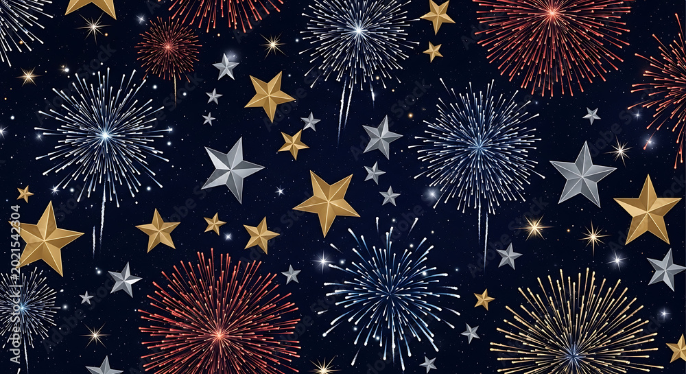 Fototapeta premium American Independence Day Fireworks Explosion with Festive Red White and Blue Celebration Colors, Colorful Fireworks Explosion Night Sky Background with Patriotic American Holiday Celebration Theme