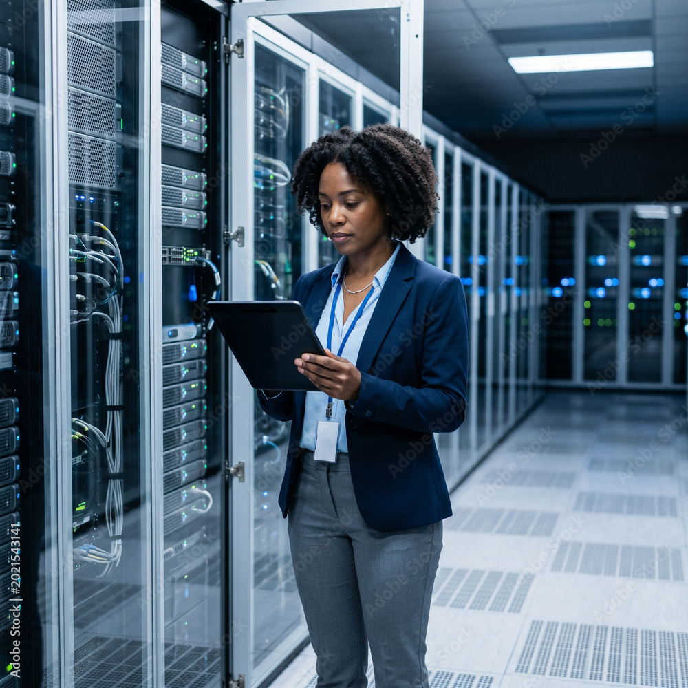 Fototapeta premium Professional African American female IT engineer monitoring server performance and data analytics on a digital tablet in a modern high-tech data center