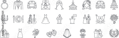 Wedding Celebration and Marriage Ceremony Icons Set - Minimalist Line Art Vector