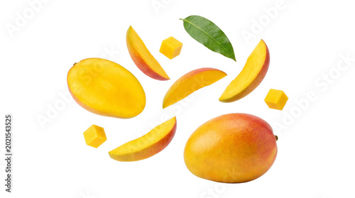 Fresh mango slices cubes and green leaf isolated on transparent background for tropical food design