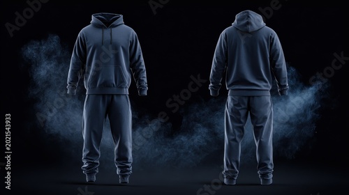 Front and back view of a dark blue hoodie and sweatpants mockup with smoke effect