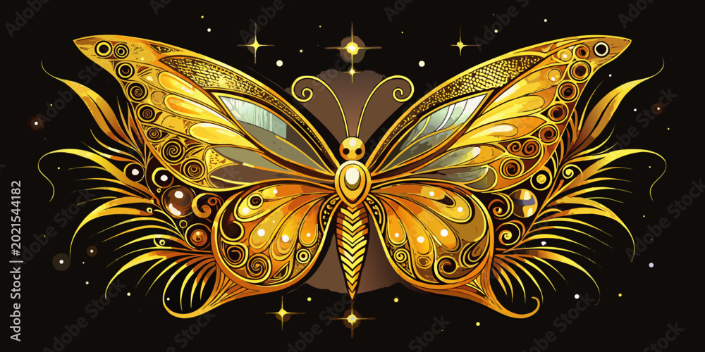 Fototapeta premium Ornate golden butterfly with intricate filigree details, vector