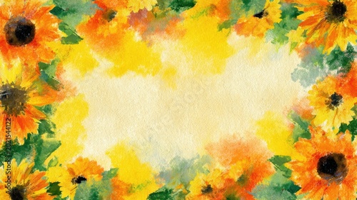 Vibrant watercolor border of sunflowers and green leaves on a textured light yellow background, with a central copy space.