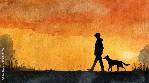 Watercolor painting of a man walking his dog at sunset silhouette