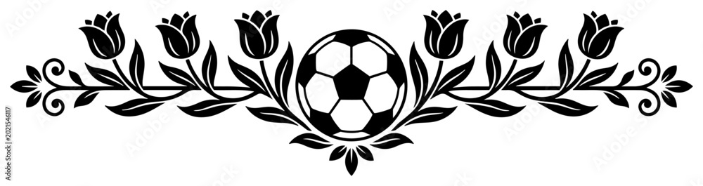 Fototapeta premium Soccer ball framed by symmetrical floral ornament with tulips in elegant decorative style