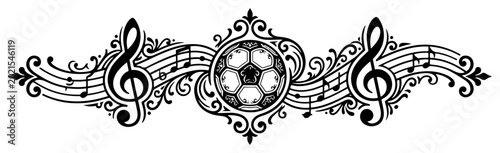 Tableau sur toile Soccer ball with treble clefs and musical notes in ornate decorative swirl style