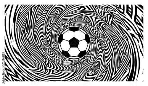 Obraz na płótnie Soccer ball centered in hypnotic optical illusion swirl background in op art sty