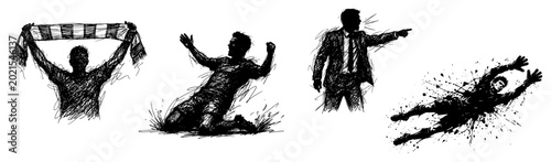 Cuadro en lienzo Soccer players and manager silhouettes with goalkeeper diving in sketchy ink sty