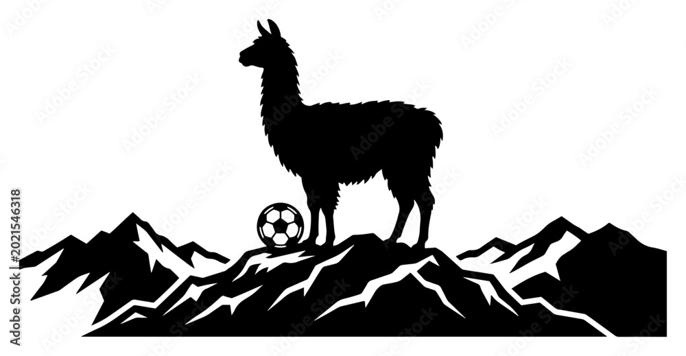 Fototapeta premium Llama silhouette standing on mountain peak with soccer ball in clean graphic style
