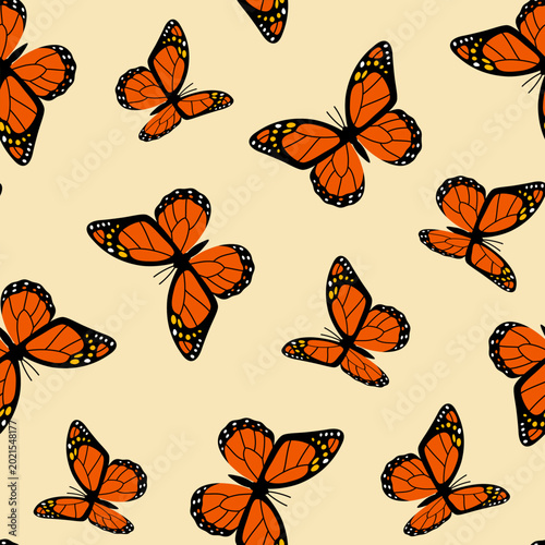 Seamless pattern with orange monarch butterfly. Beautiful wallpaper, tropical insect background. Vector illustration. Summer animal print backdrop