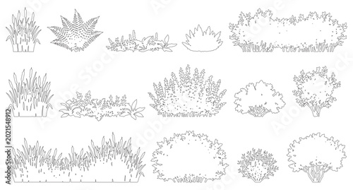 Minimal CAD Shrubs, Bushes & Grass Clumps, Vector Outline Set for Landscape & Garden Design