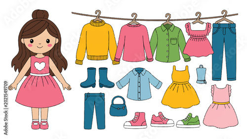 cartoon girl with various colorful clothes and accessories on white background