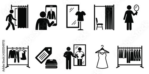 Φωτογραφία A collection of black and white vector icons representing fitting rooms, clothing racks, mirrors, and shopping-related activities for retail stores