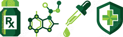 Canvastavla Health supplement and medicinal icons collection representing pharmacy products chemical analysis and lab safety