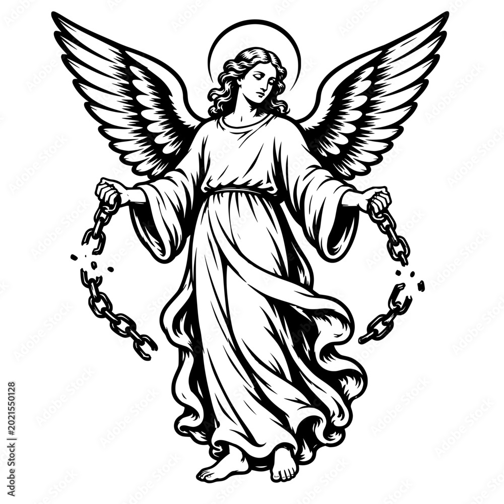 Fototapeta premium angel breaking chains with wings and halo for freedom divine justice faith religion spiritual liberation and sacred guardian concept