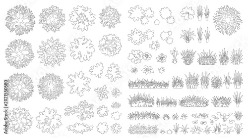Bild auf Leinwand Minimal CAD Landscape Plant Symbols, Shrubs & Grass Clumps Vector Outline Set fo