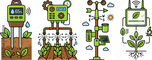 Bild auf Leinwand Smart farming agricultural technology equipment featuring soil moisture sensors automated irrigation weather station
