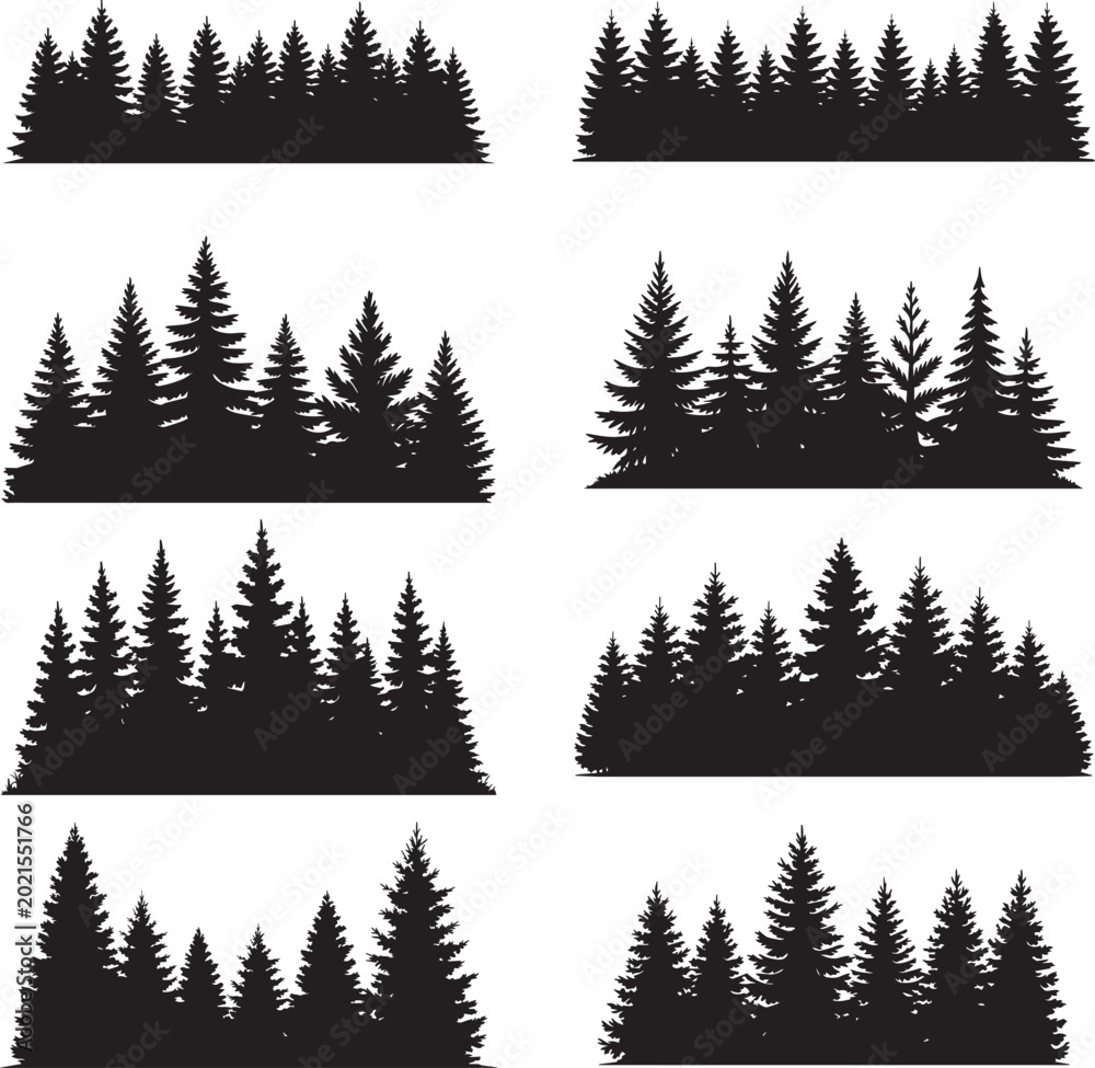 Obraz premium Fir trees silhouette vector set, black evergreen pine forest, woodland nature landscape