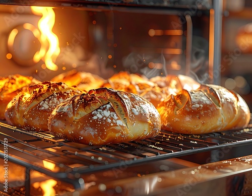 Freshly baked artisan bread loaves in a fiery oven.