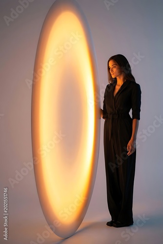 Woman Standing Beside Large Glowing Oval Light Sculpture in Minimal Studio