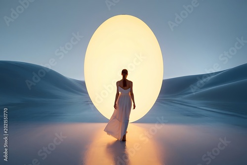 Woman in White Dress Walking Toward Large Glowing Oval Light in Blue Desert Landscape