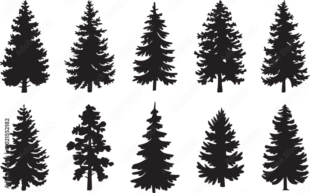 Fototapeta premium Fir trees silhouette vector set, black evergreen pine forest, woodland nature landscape