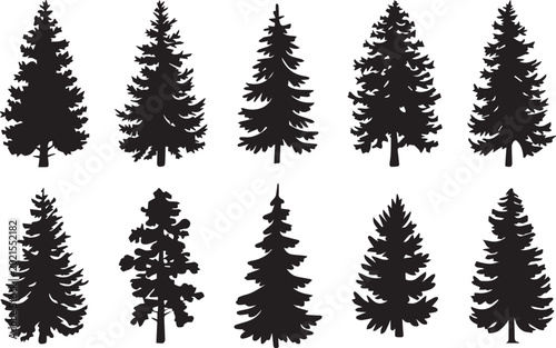 Photos Fir trees silhouette vector set, black evergreen pine forest, woodland nature la