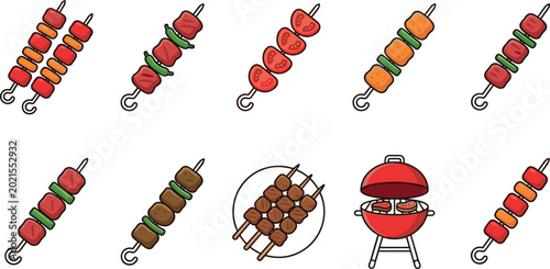 Tableau sur toile Barbecue grill and various meat skewers shish kebab vector illustration set on w