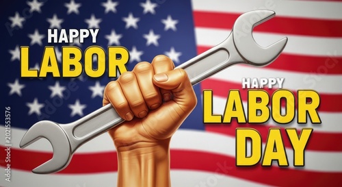 Happy labor day wrench and american flag patriotic illustration